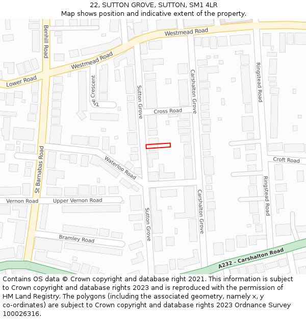 22, SUTTON GROVE, SUTTON, SM1 4LR: Location map and indicative extent of plot