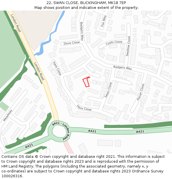 22, SWAN CLOSE, BUCKINGHAM, MK18 7EP: Location map and indicative extent of plot