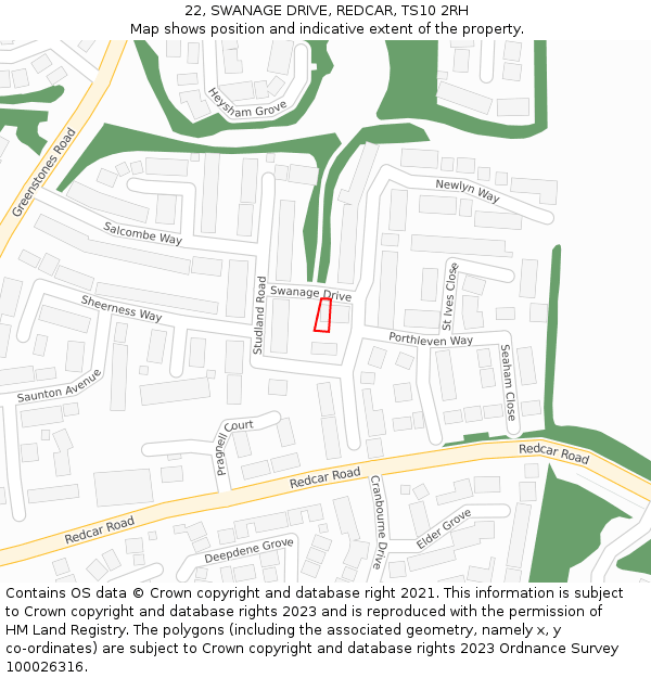 22, SWANAGE DRIVE, REDCAR, TS10 2RH: Location map and indicative extent of plot