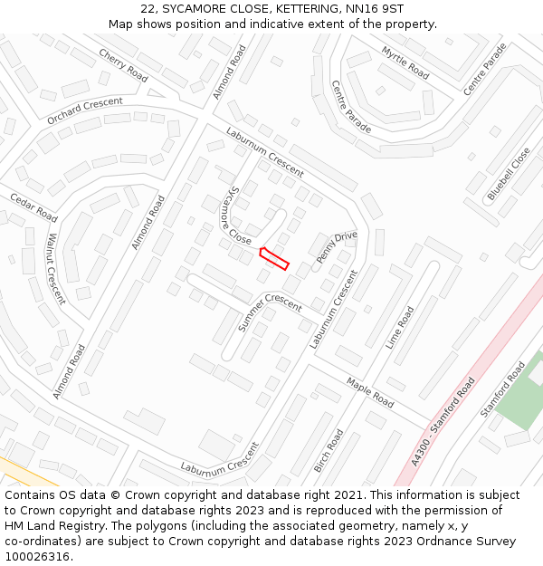 22, SYCAMORE CLOSE, KETTERING, NN16 9ST: Location map and indicative extent of plot