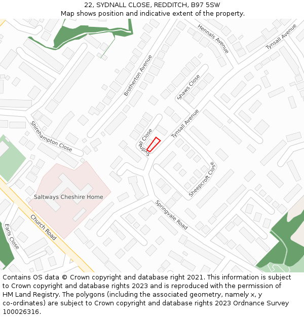 22, SYDNALL CLOSE, REDDITCH, B97 5SW: Location map and indicative extent of plot