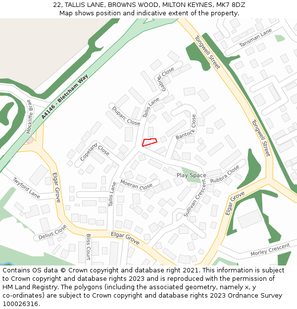 22, TALLIS LANE, BROWNS WOOD, MILTON KEYNES, MK7 8DZ: Location map and indicative extent of plot