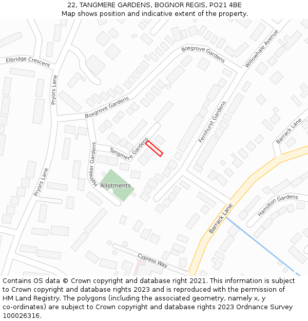 22, TANGMERE GARDENS, BOGNOR REGIS, PO21 4BE: Location map and indicative extent of plot