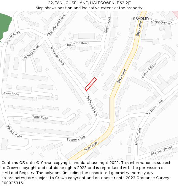 22, TANHOUSE LANE, HALESOWEN, B63 2JF: Location map and indicative extent of plot