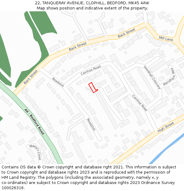 22, TANQUERAY AVENUE, CLOPHILL, BEDFORD, MK45 4AW: Location map and indicative extent of plot