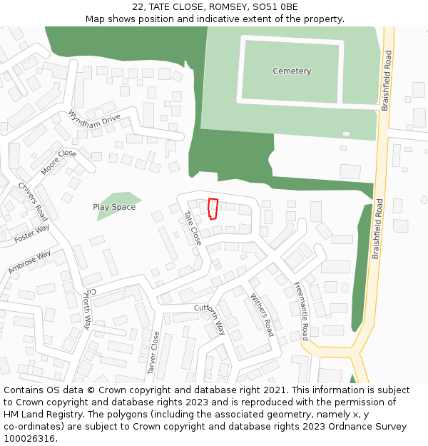 22, TATE CLOSE, ROMSEY, SO51 0BE: Location map and indicative extent of plot