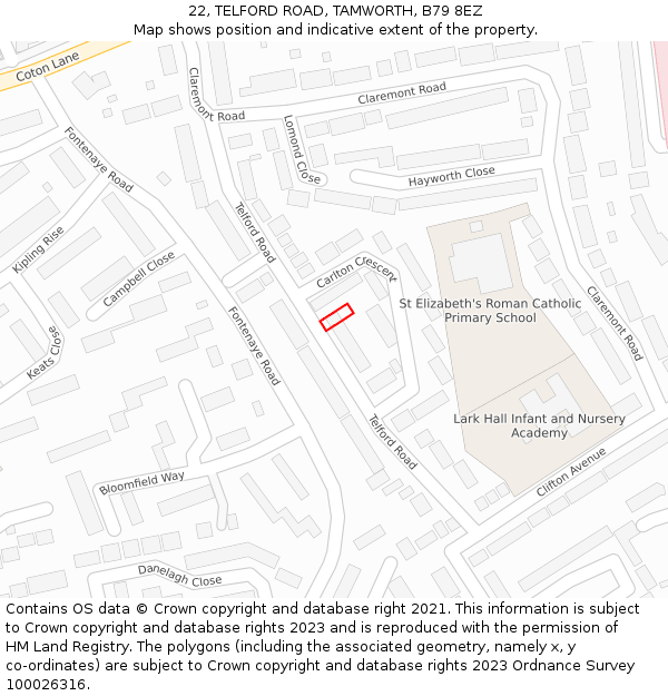 22, TELFORD ROAD, TAMWORTH, B79 8EZ: Location map and indicative extent of plot