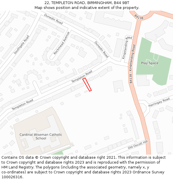 22, TEMPLETON ROAD, BIRMINGHAM, B44 9BT: Location map and indicative extent of plot