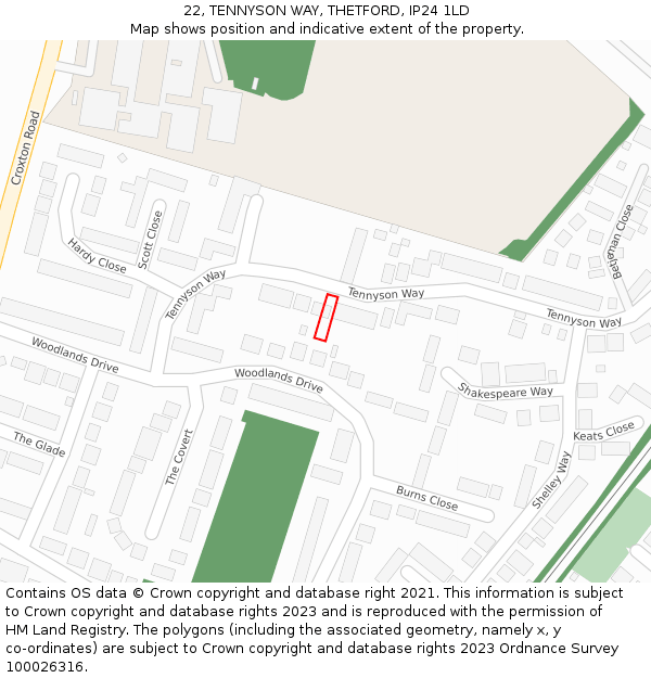 22, TENNYSON WAY, THETFORD, IP24 1LD: Location map and indicative extent of plot