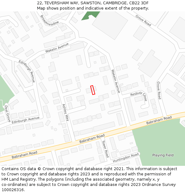 22, TEVERSHAM WAY, SAWSTON, CAMBRIDGE, CB22 3DF: Location map and indicative extent of plot