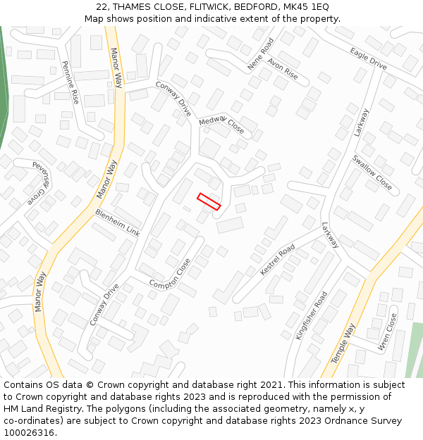 22, THAMES CLOSE, FLITWICK, BEDFORD, MK45 1EQ: Location map and indicative extent of plot