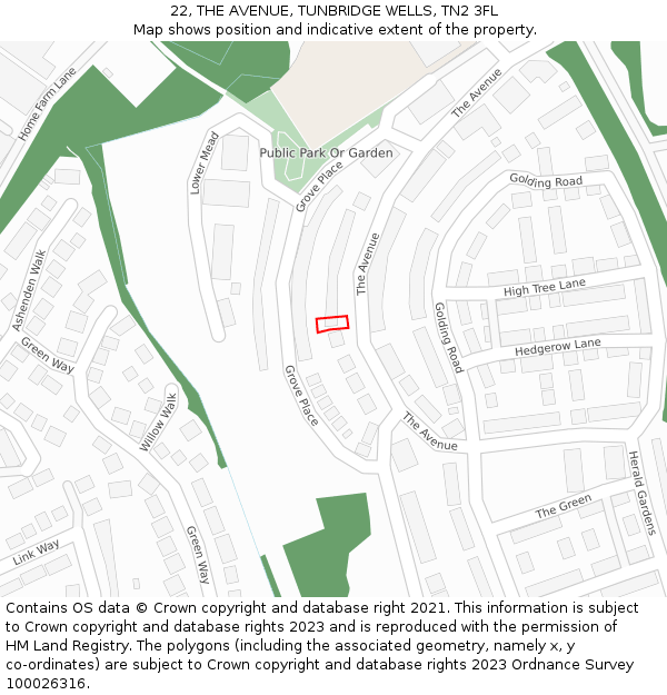 22, THE AVENUE, TUNBRIDGE WELLS, TN2 3FL: Location map and indicative extent of plot