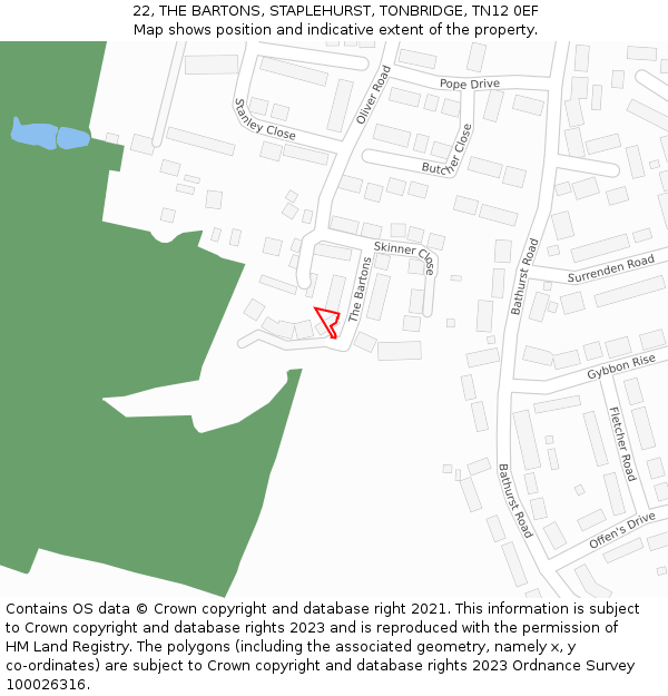 22, THE BARTONS, STAPLEHURST, TONBRIDGE, TN12 0EF: Location map and indicative extent of plot