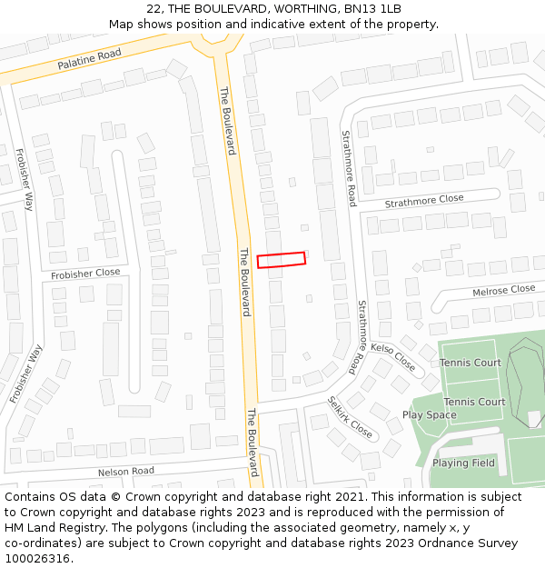 22, THE BOULEVARD, WORTHING, BN13 1LB: Location map and indicative extent of plot