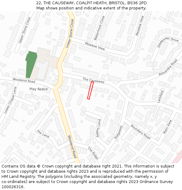 22, THE CAUSEWAY, COALPIT HEATH, BRISTOL, BS36 2PD: Location map and indicative extent of plot