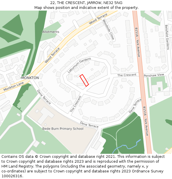 22, THE CRESCENT, JARROW, NE32 5NG: Location map and indicative extent of plot