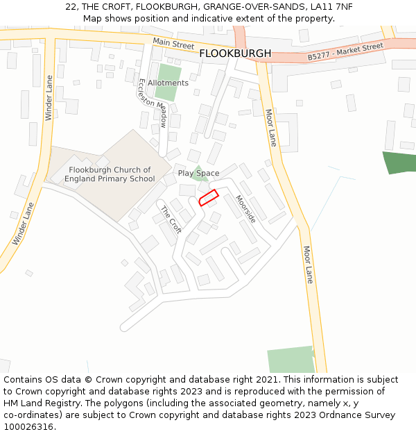 22, THE CROFT, FLOOKBURGH, GRANGE-OVER-SANDS, LA11 7NF: Location map and indicative extent of plot