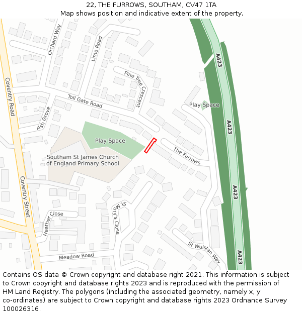 22, THE FURROWS, SOUTHAM, CV47 1TA: Location map and indicative extent of plot