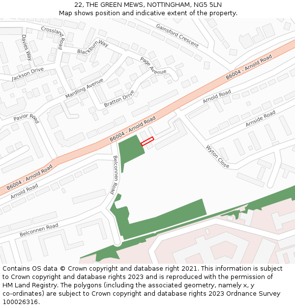 22, THE GREEN MEWS, NOTTINGHAM, NG5 5LN: Location map and indicative extent of plot