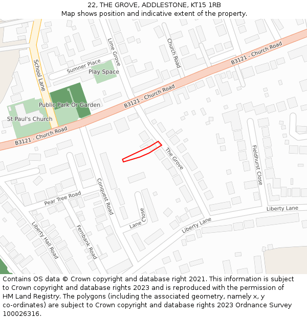 22, THE GROVE, ADDLESTONE, KT15 1RB: Location map and indicative extent of plot