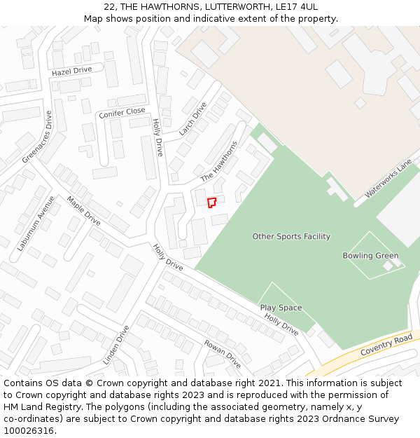 22, THE HAWTHORNS, LUTTERWORTH, LE17 4UL: Location map and indicative extent of plot