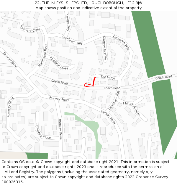 22, THE INLEYS, SHEPSHED, LOUGHBOROUGH, LE12 9JW: Location map and indicative extent of plot