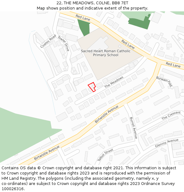 22, THE MEADOWS, COLNE, BB8 7ET: Location map and indicative extent of plot