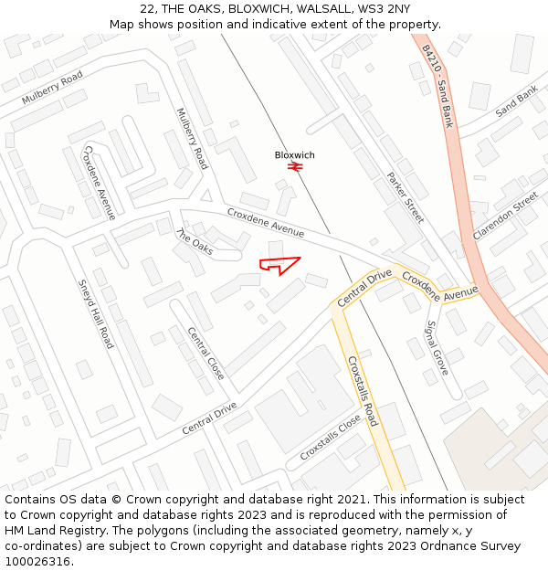 22, THE OAKS, BLOXWICH, WALSALL, WS3 2NY: Location map and indicative extent of plot