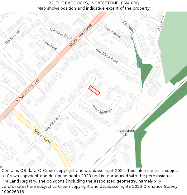 22, THE PADDOCKS, INGATESTONE, CM4 0BQ: Location map and indicative extent of plot