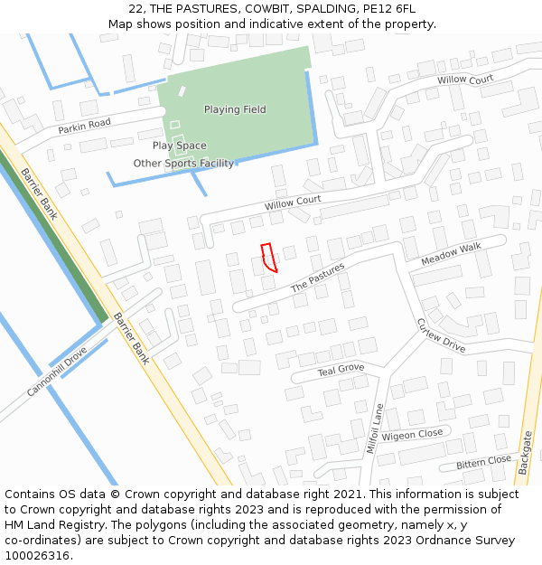 22, THE PASTURES, COWBIT, SPALDING, PE12 6FL: Location map and indicative extent of plot