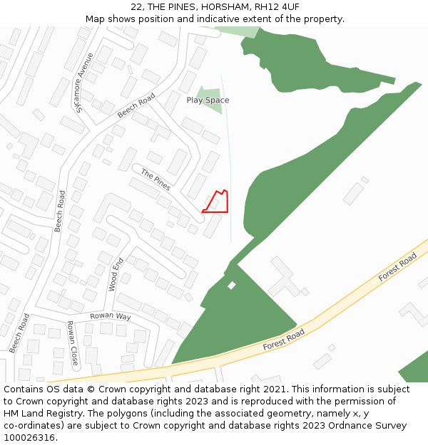 22, THE PINES, HORSHAM, RH12 4UF: Location map and indicative extent of plot