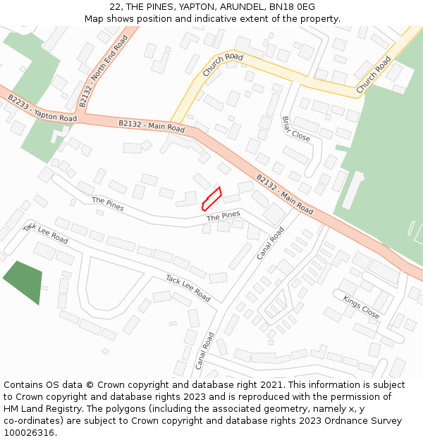 22, THE PINES, YAPTON, ARUNDEL, BN18 0EG: Location map and indicative extent of plot