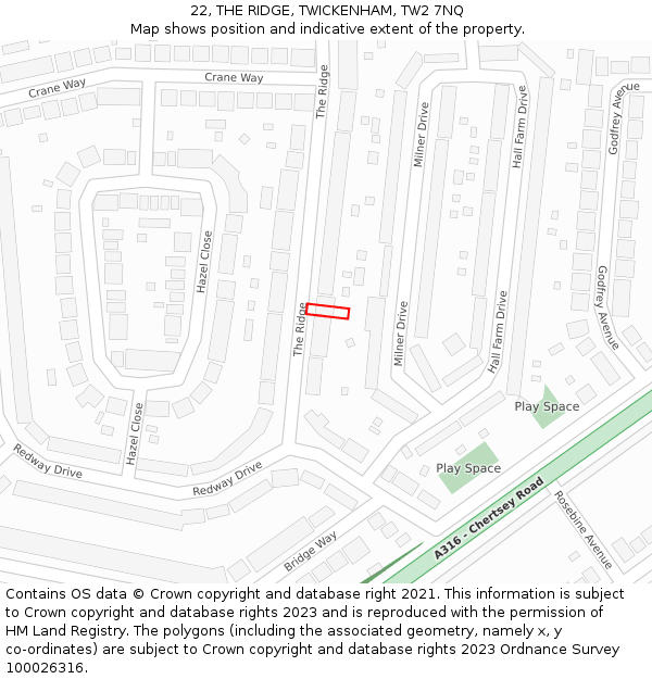 22, THE RIDGE, TWICKENHAM, TW2 7NQ: Location map and indicative extent of plot