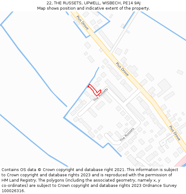 22, THE RUSSETS, UPWELL, WISBECH, PE14 9AJ: Location map and indicative extent of plot