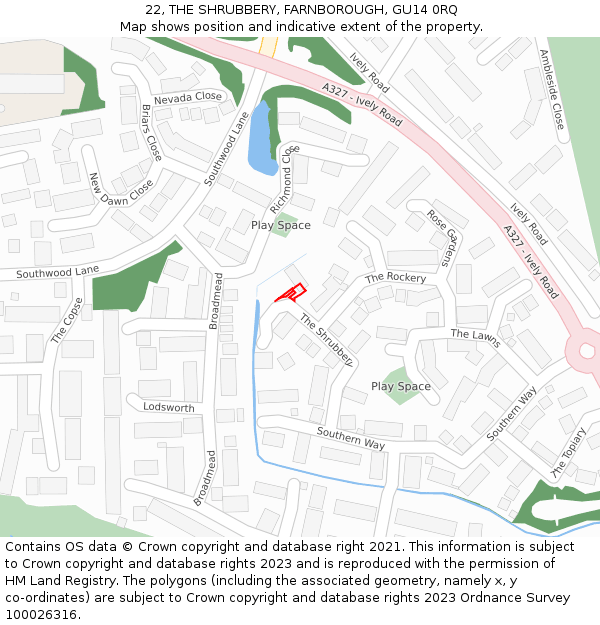 22, THE SHRUBBERY, FARNBOROUGH, GU14 0RQ: Location map and indicative extent of plot