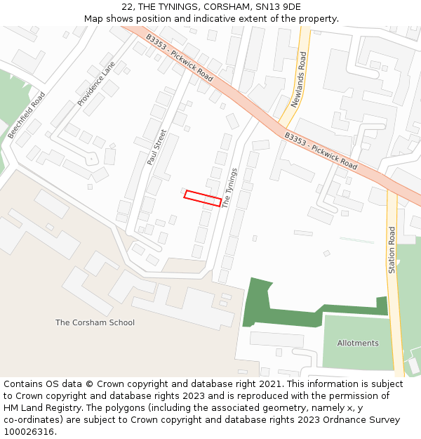 22, THE TYNINGS, CORSHAM, SN13 9DE: Location map and indicative extent of plot