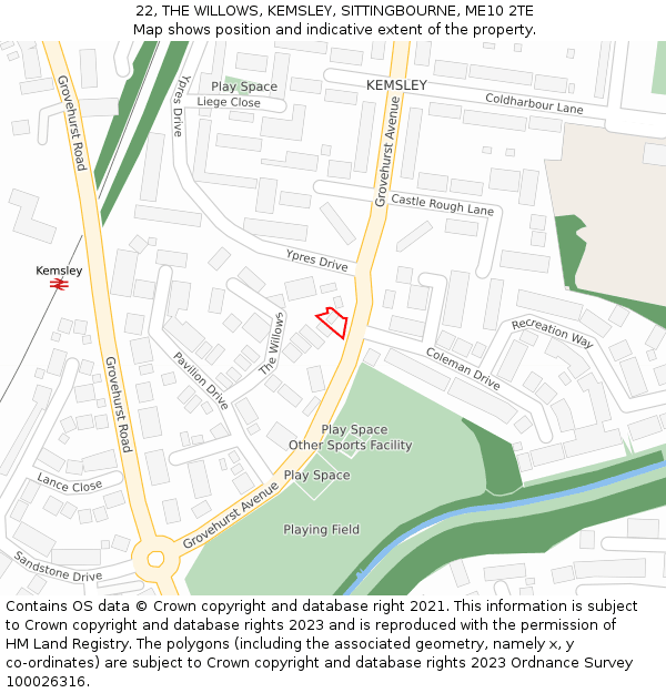 22, THE WILLOWS, KEMSLEY, SITTINGBOURNE, ME10 2TE: Location map and indicative extent of plot