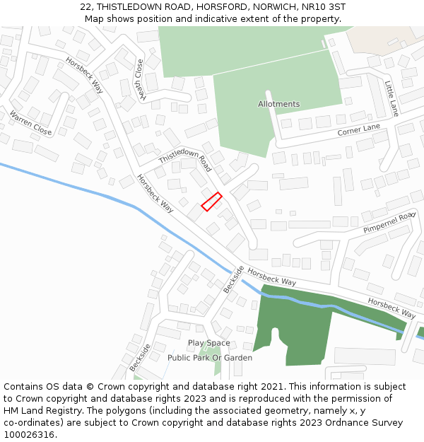 22, THISTLEDOWN ROAD, HORSFORD, NORWICH, NR10 3ST: Location map and indicative extent of plot