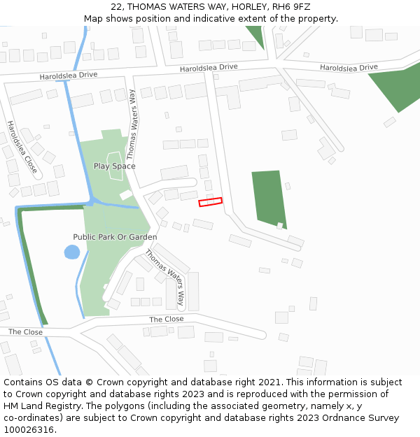 22, THOMAS WATERS WAY, HORLEY, RH6 9FZ: Location map and indicative extent of plot