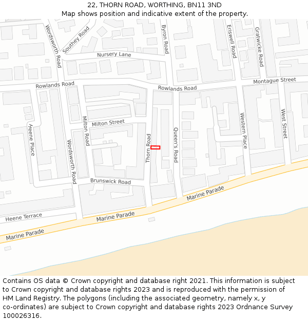 22, THORN ROAD, WORTHING, BN11 3ND: Location map and indicative extent of plot