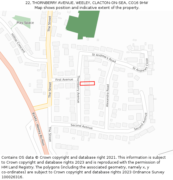 22, THORNBERRY AVENUE, WEELEY, CLACTON-ON-SEA, CO16 9HW: Location map and indicative extent of plot