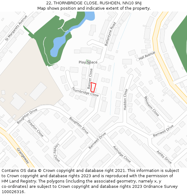 22, THORNBRIDGE CLOSE, RUSHDEN, NN10 9NJ: Location map and indicative extent of plot