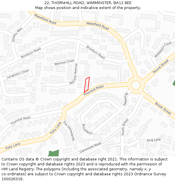 22, THORNHILL ROAD, WARMINSTER, BA12 8EE: Location map and indicative extent of plot