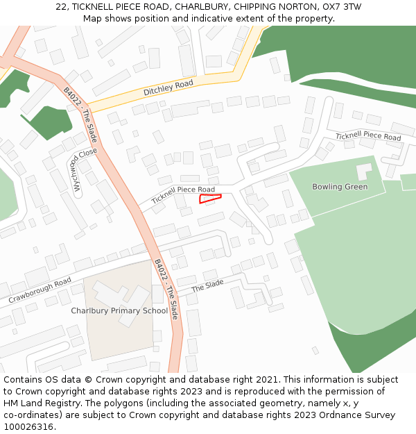 22, TICKNELL PIECE ROAD, CHARLBURY, CHIPPING NORTON, OX7 3TW: Location map and indicative extent of plot