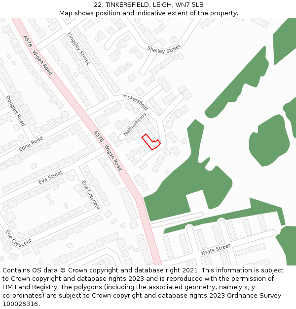 22, TINKERSFIELD, LEIGH, WN7 5LB: Location map and indicative extent of plot