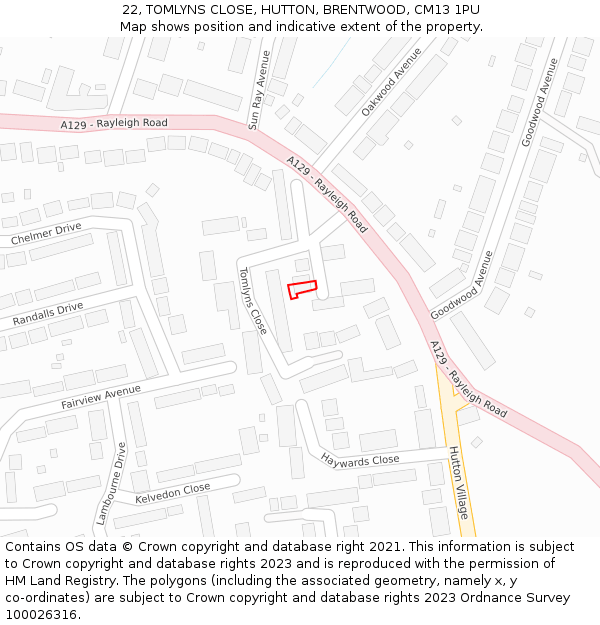 22, TOMLYNS CLOSE, HUTTON, BRENTWOOD, CM13 1PU: Location map and indicative extent of plot