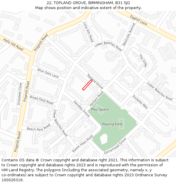 22, TOPLAND GROVE, BIRMINGHAM, B31 5JG: Location map and indicative extent of plot