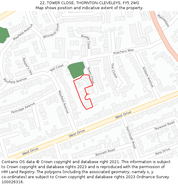 22, TOWER CLOSE, THORNTON-CLEVELEYS, FY5 2WG: Location map and indicative extent of plot