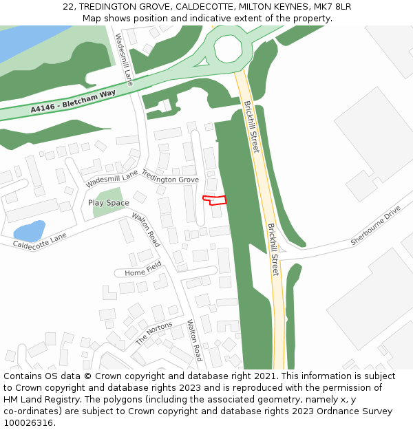 22, TREDINGTON GROVE, CALDECOTTE, MILTON KEYNES, MK7 8LR: Location map and indicative extent of plot