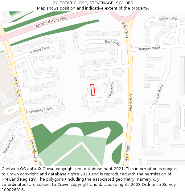 22, TRENT CLOSE, STEVENAGE, SG1 3RS: Location map and indicative extent of plot